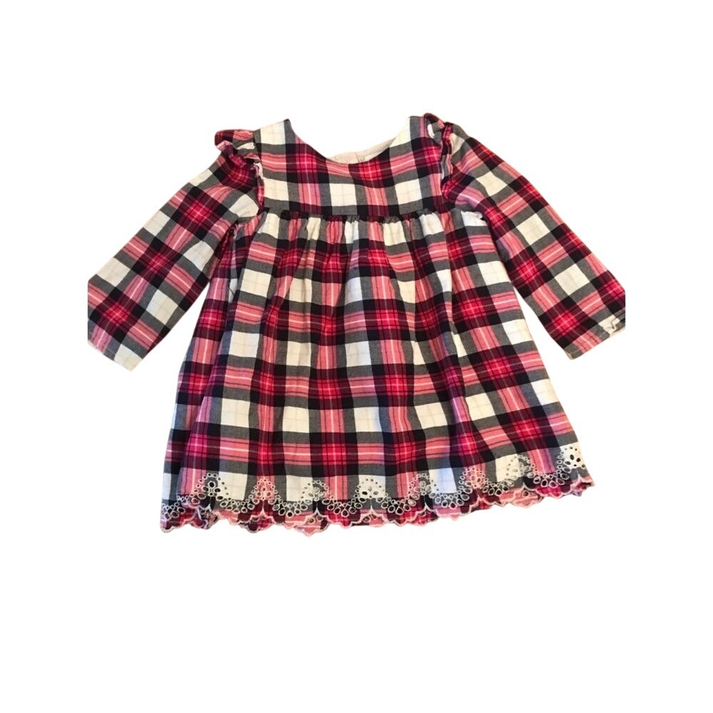 Baby Gap Kids Plaid Eyelet Hem Long Sleeve Dress Pink Black 12-18 Months